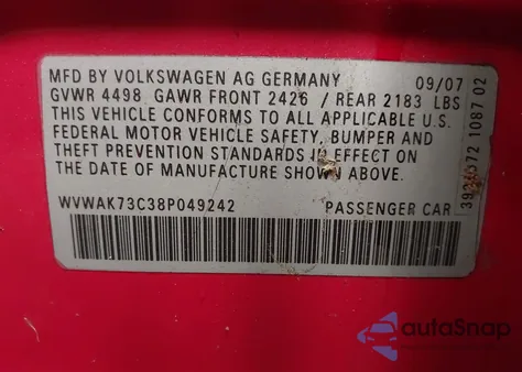 2008 Volkswagen Passat Komfort из США, поврежденный, VIN WVWAK73C38P049242